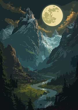 Mountain Landscape with River and Moon