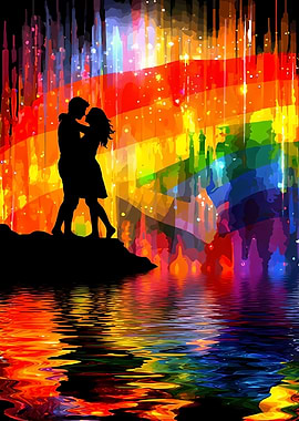 Colorful Couple Silhouette by Water