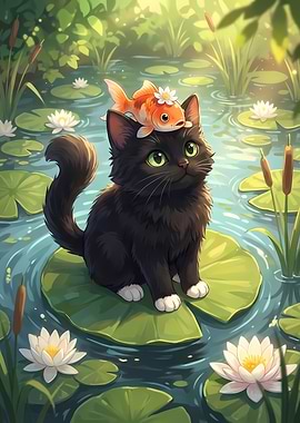 Cat with Goldfish on Head
