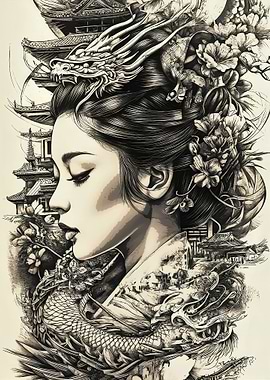 Asian Woman with Dragon and Pagoda