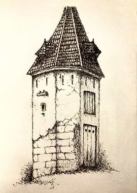 Medieval Tower Ink Drawing