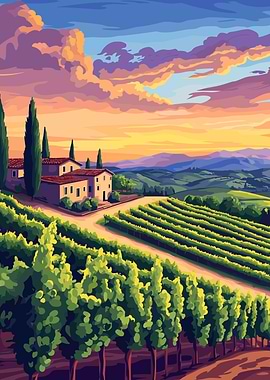 Tuscan Vineyard Landscape at Sunset