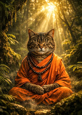 Meditating Cat Monk in Forest