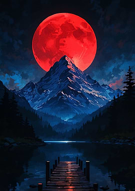 Red Moon Over Mountain Lake