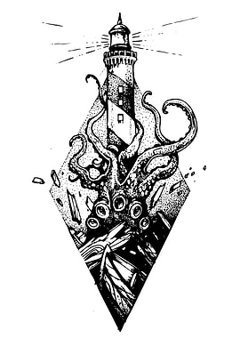 Lighthouse and Octopus Black and White Art