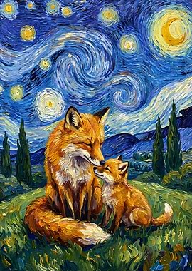 Foxes under Starry Night Painting