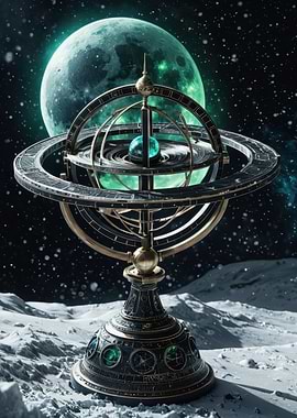 Ornate Celestial Armillary with Glowing Moon — Photoreal Sci‑Fi Astronomical Model