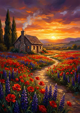 Cottage in Poppy Field at Sunset