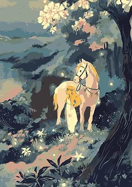 Girl and Horse in Enchanted Forest