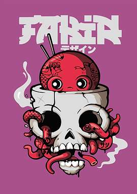 Skull, Octopus, and Japanese Text Art