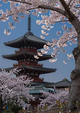 Japanese Pagoda with Cherry Blossoms