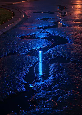 Neon Light in Puddle Reflection