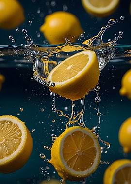 Lemons splashing in water, dark background
