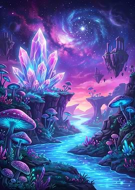 Fantasy Crystal Landscape with Glowing Mushrooms