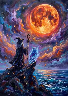 Wizard and Owl Under a Full Moon