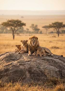 Lion Family on Rock Outcrop
