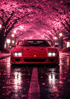 Red Ferrari under Cherry Blossoms