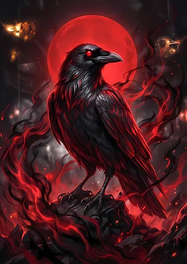 Raven with Red Moon and Flames
