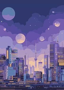 Futuristic Cityscape with Planets
