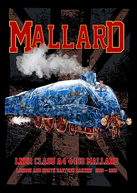 LNER Class A4 4468 Mallard locomotive with UK Union Jack flag - Fastest Steam Loco