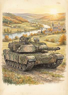 Camouflaged Tank in Autumn Landscape