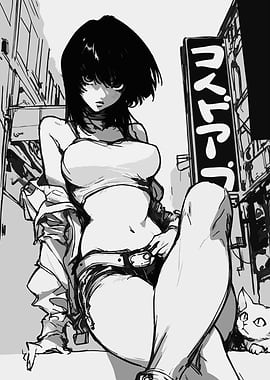 Monochrome Anime Girl in Urban Setting