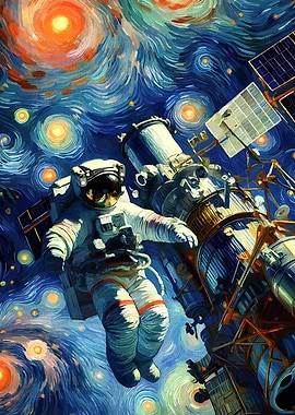 Astronaut in Space Starry Night Style
