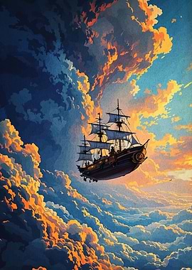 Airship sailing through clouds at sunset