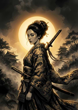 Samurai Woman with Swords and Moon