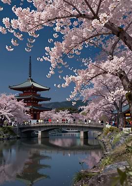 Japanese Pagoda with Cherry Blossoms