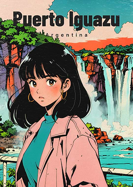 80s Retro Anime Girl at Iguazu Falls