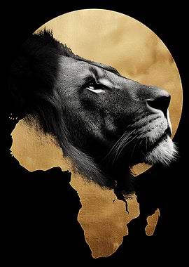 Lion Profile with Africa in Gold