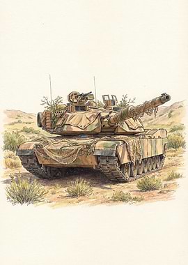 Camouflaged Tank in Desert Landscape