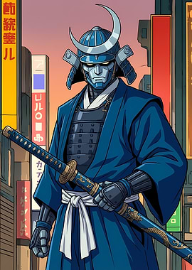 Cyberpunk Samurai in Cityscape