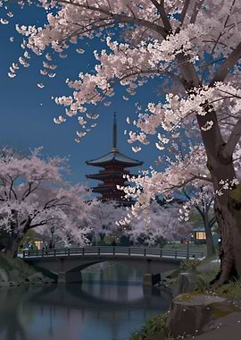 Japanese Pagoda and Cherry Blossoms