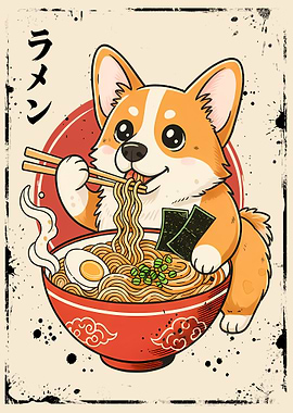 Corgi Eating Ramen Cartoon Illustration