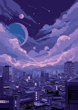 Purple Cityscape with Planets and Clouds