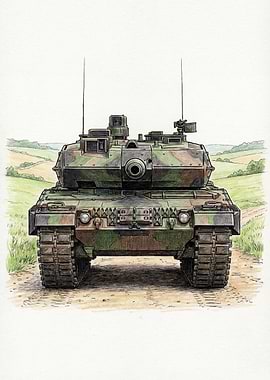 Camouflaged Tank on a Dirt Road