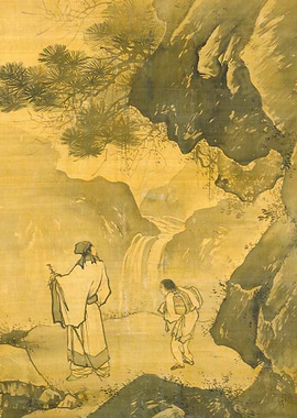 A Scholar Contemplating a Waterfall Chinese Taoist Painting