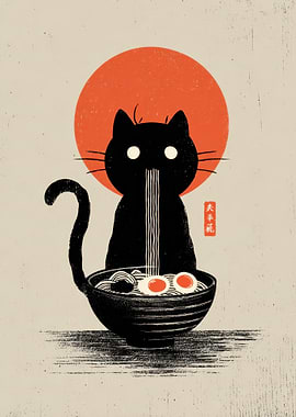 Cat Eating Ramen with Red Sun