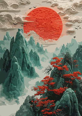 Asian Landscape with Sunset Painting