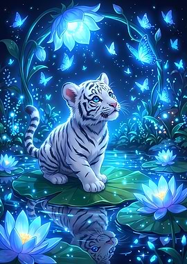 White Tiger Cub in Magical Pond