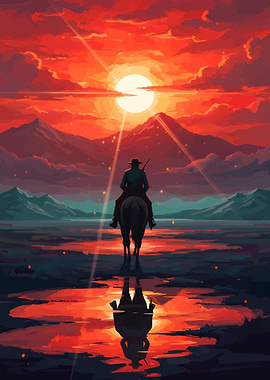 Cowboy on Horseback at Sunset