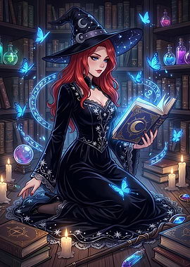 Red-haired Witch Reading Spell Book