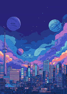 Cityscape with Planets and Tower