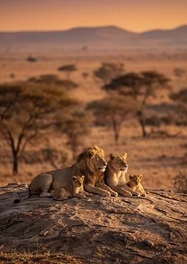 Lion Family on Rock Outcrop