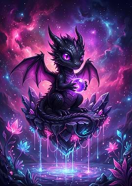 Cute Dragon with Orb in Fantasy Landscape