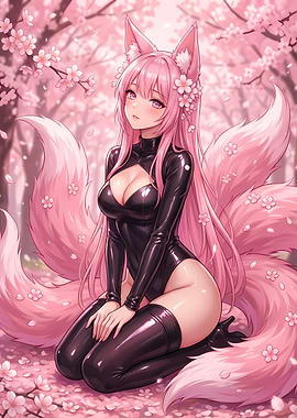 Anime Fox Girl with Cherry Blossoms