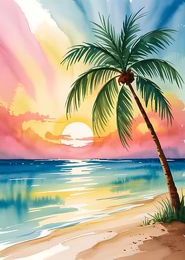 Watercolor Tropical Beach Sunset Palm Tree