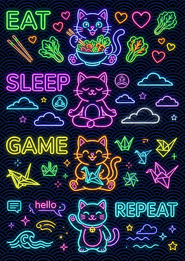 Eat Sleep Game Repeat Neon Cats